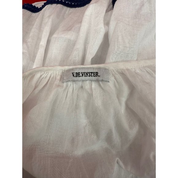 V. DE. Vinster White V-Neck Navy Blue Mini Pom Pom Details Easy Wear Dress Sz S - Picture 6 of 7